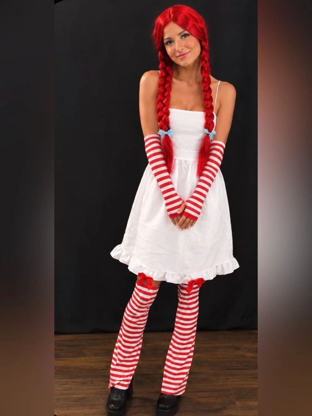 Red & White Dress Up Costume- Wig,Striped Arm Warmers,Leggings and Apron Set